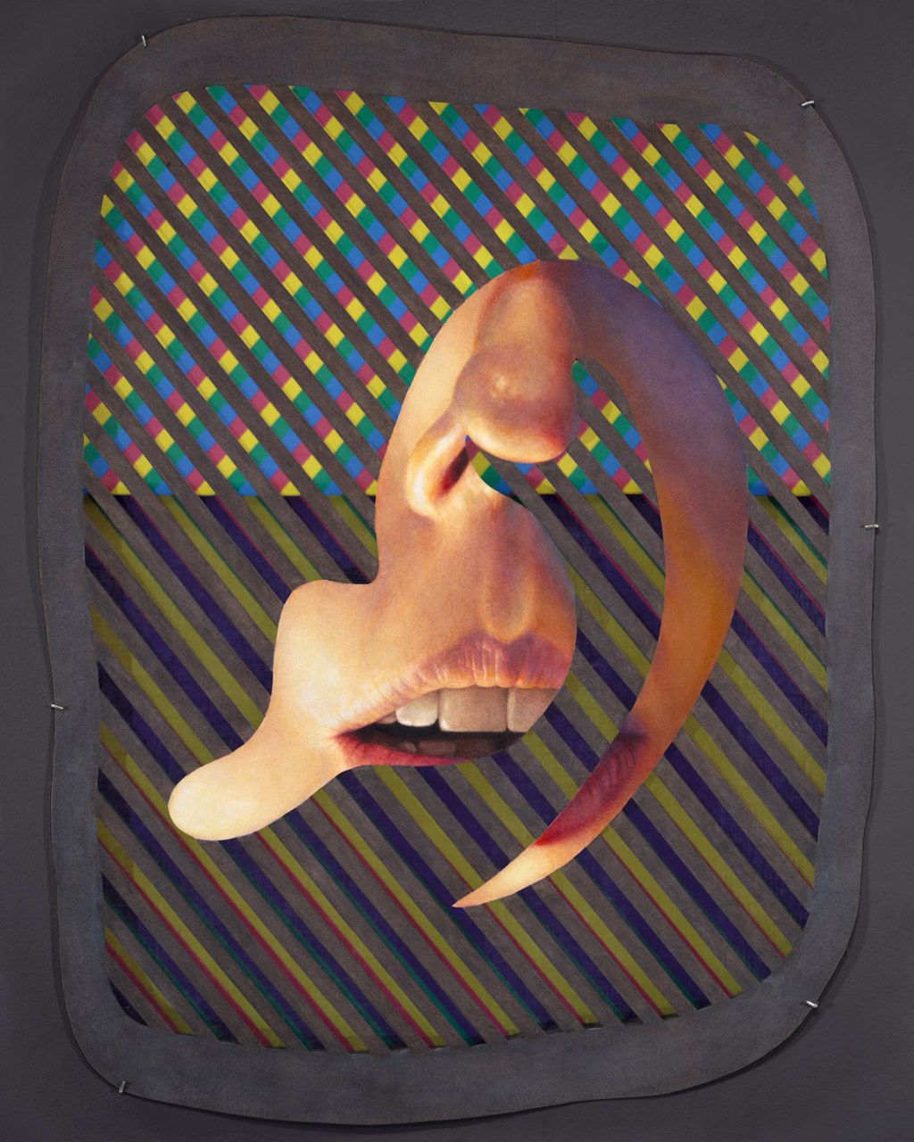 Cut-out of a painting of a mouth with colorful stripes behind. The stripes on the top are bright pink, yellow, and blue. The ones in the bottom half are purple, yellow, and red.